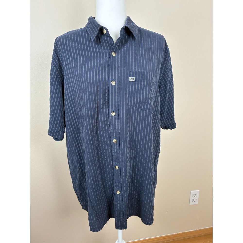 The North Face Mens Large Blue Striped Short Sleeve Button Up Shirt Modal Blend